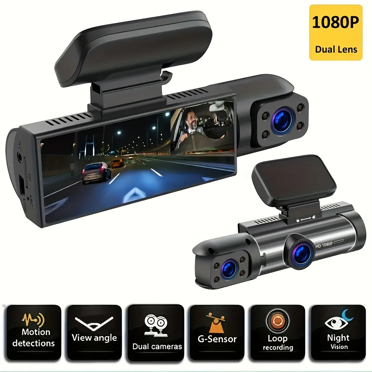 1080P dual camera, Dash Cam for cars, Front And Inside, car camera with IR Night Vision, wide angle Car DVR Camera