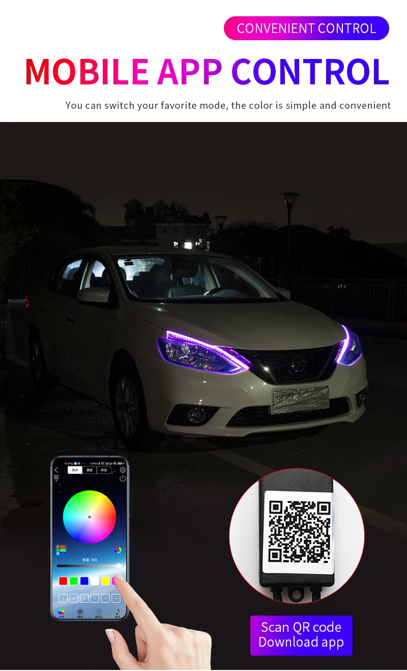 2PCS Symphony DRL Car LED, Daytime Running Light ,APP Control Flexible RGB Flowing Turn Signal Strip