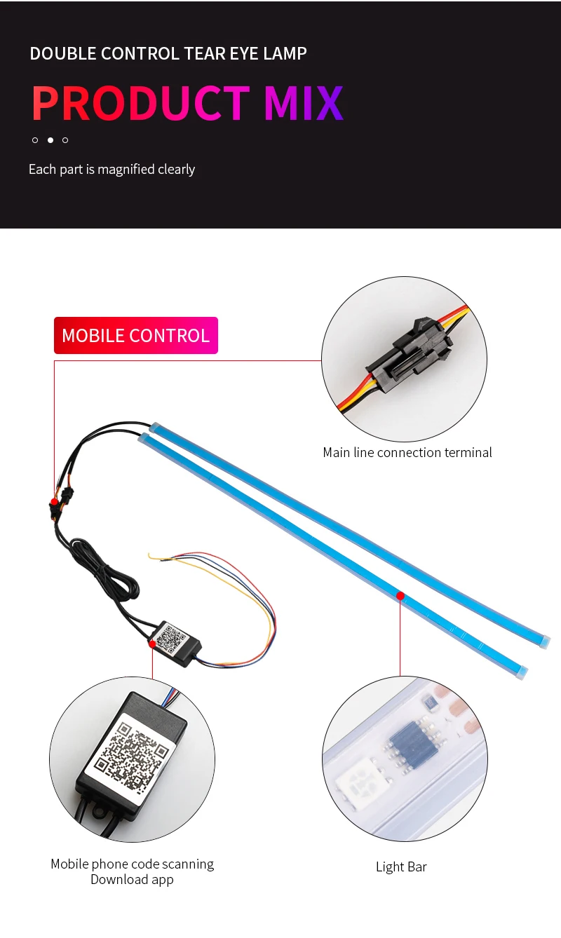 2PCS Symphony DRL Car LED, Daytime Running Light ,APP Control Flexible RGB Flowing Turn Signal Strip