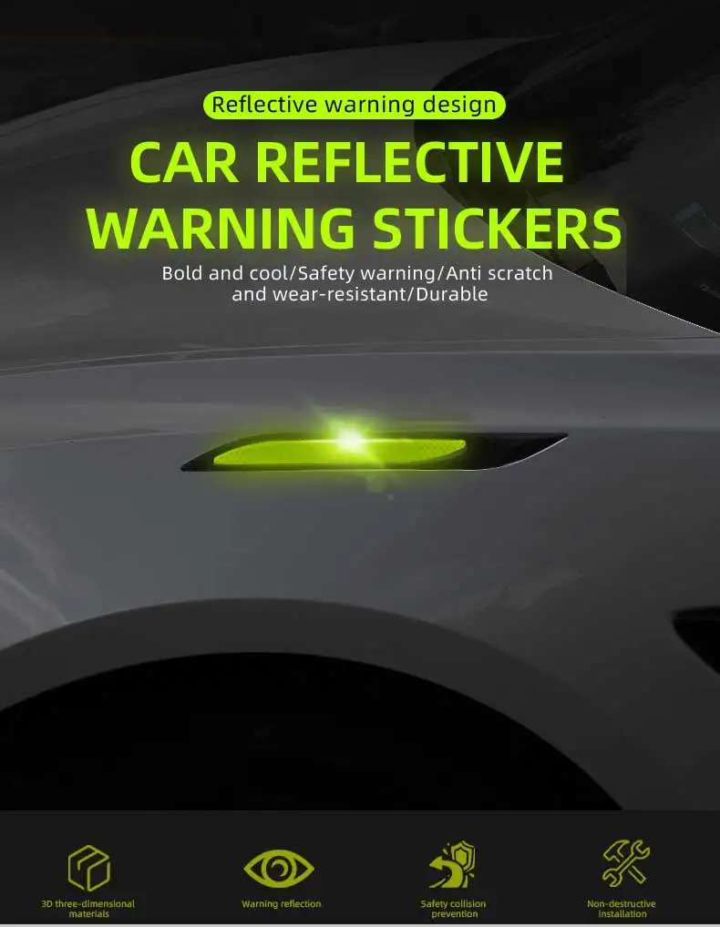 4Pcs Car Reflective Strips, Carbon Fiber Safety, Warning Sticker Auto Anti-scratch