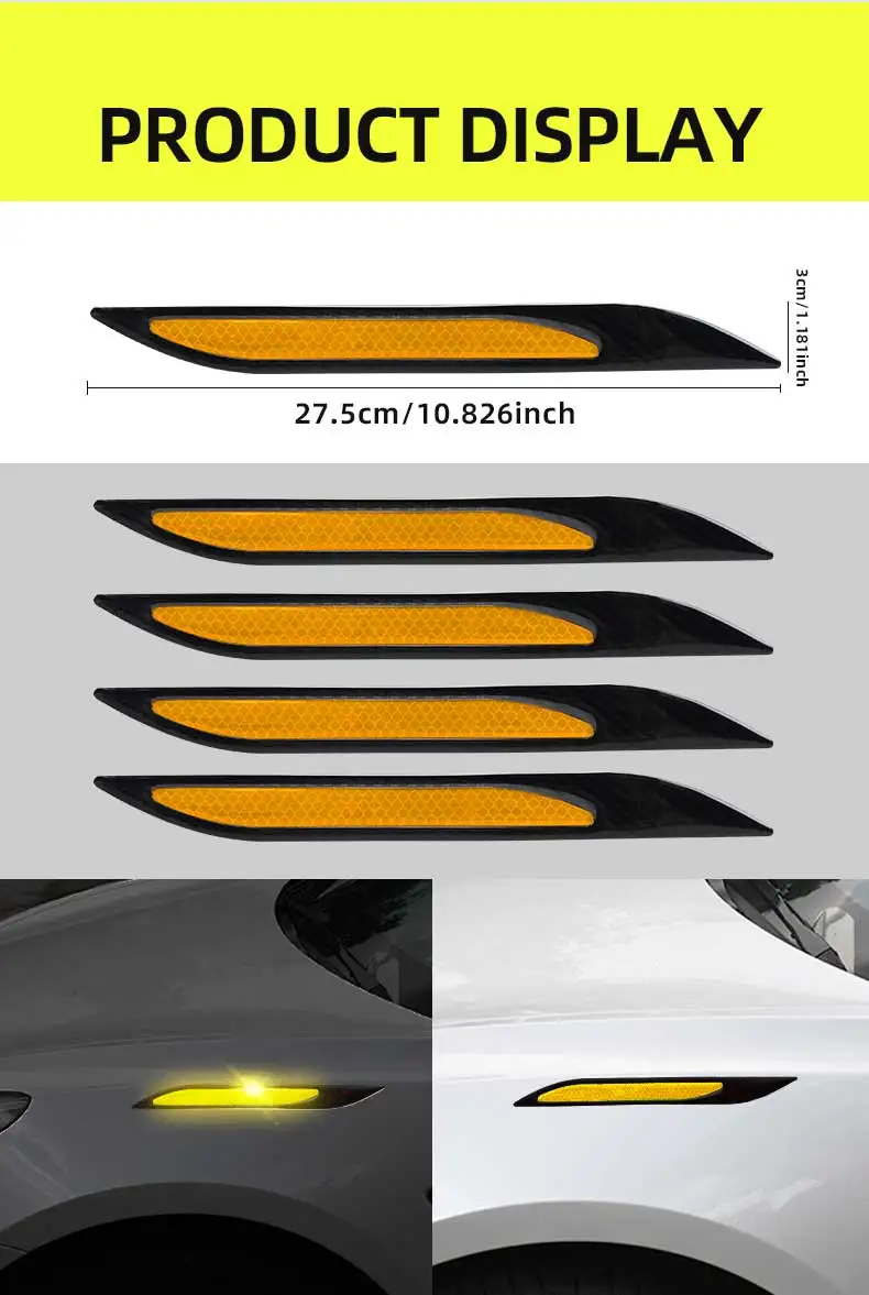 4Pcs Car Reflective Strips, Carbon Fiber Safety, Warning Sticker Auto Anti-scratch