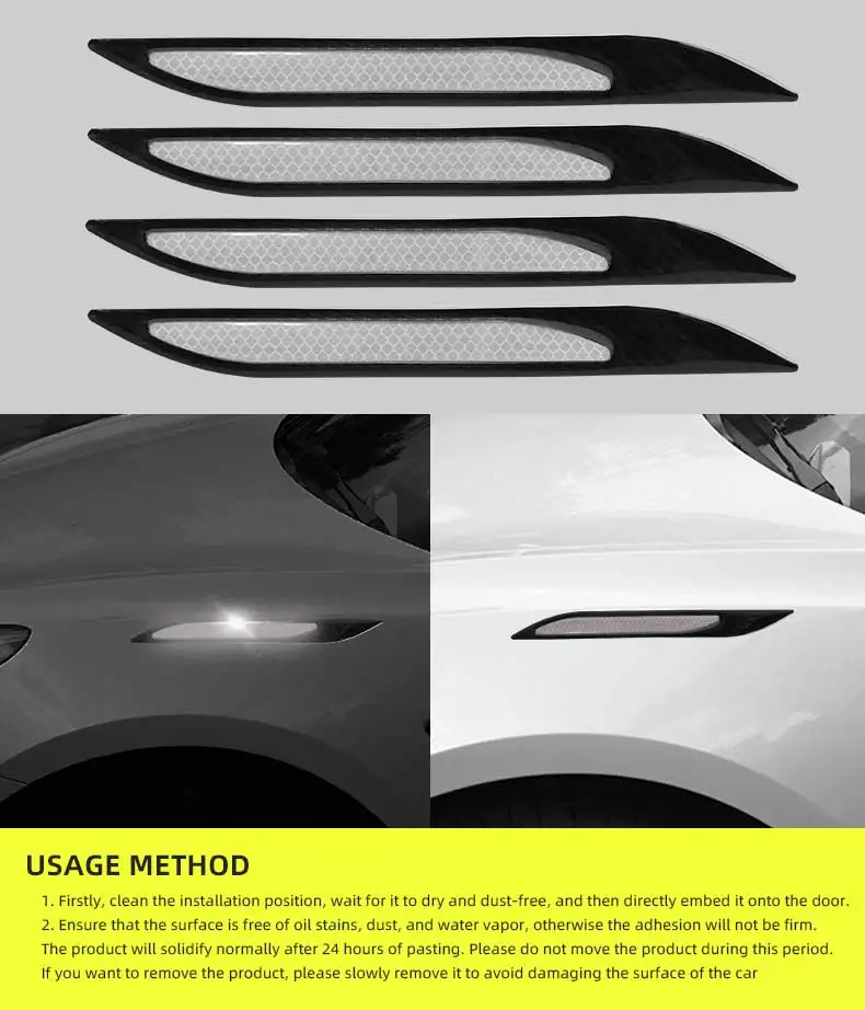 4Pcs Car Reflective Strips, Carbon Fiber Safety, Warning Sticker Auto Anti-scratch