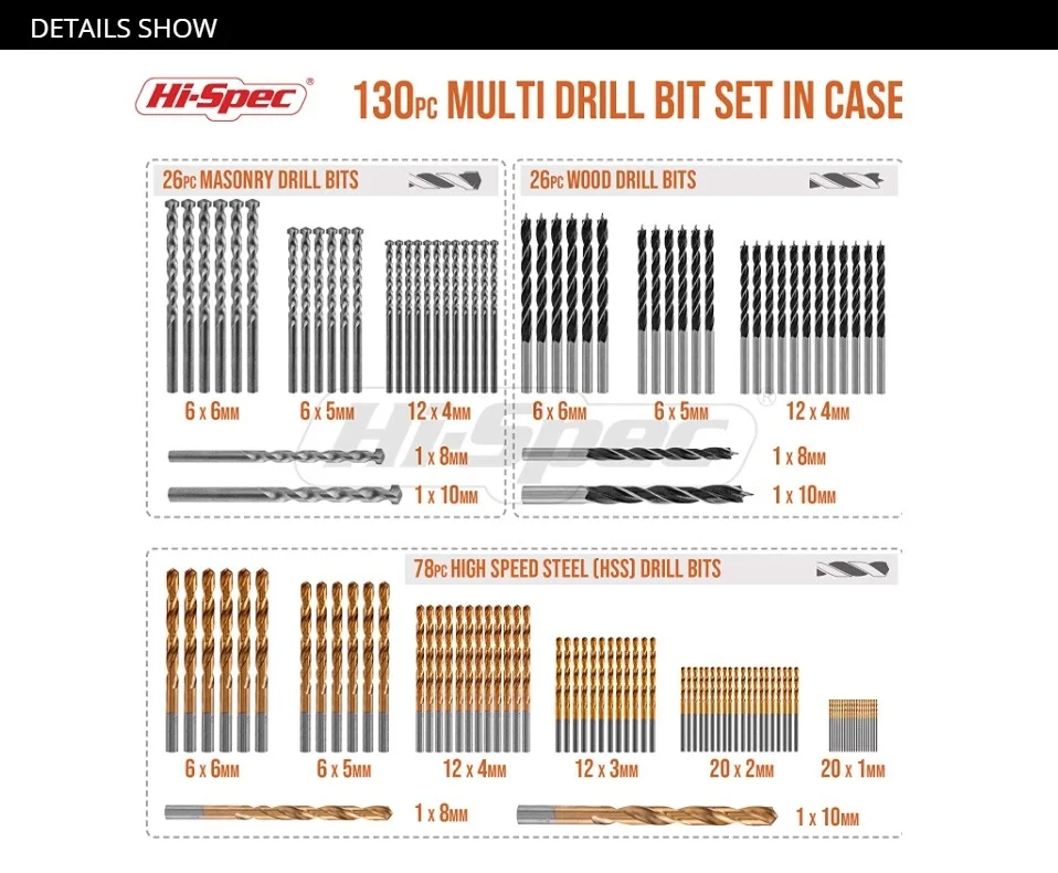 99pcs-130pcs Metal Drill Bit Set 1-10mm Titanium HSS Steel Drill Bit Masonry Drill and Woodworking Hydrocement Drill Set