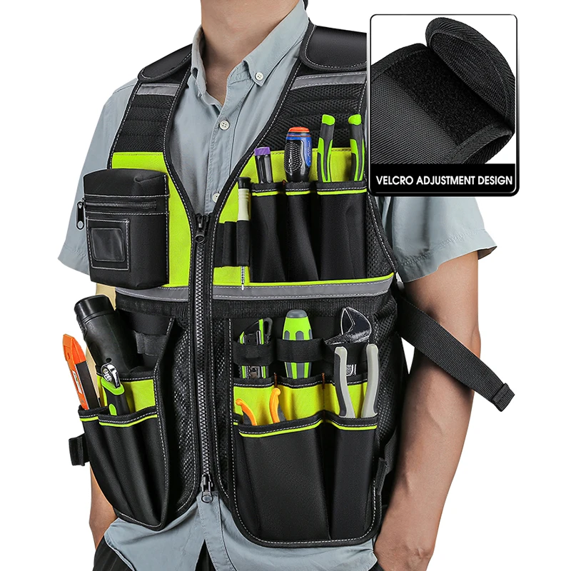 Workwear Allround Work Tool Vest Reflective Safety Vest with Multi-pockets and Zipper Heavy Duty Tool Vest for Electricians