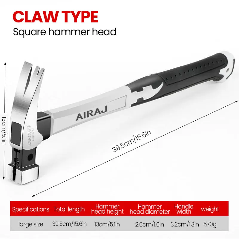 AIRAJ Claw Hammer Stainless Steel Long Handle Double Nail Groove Hammer Labor-Saving Anti-Skid Multifunctional Manual Tool